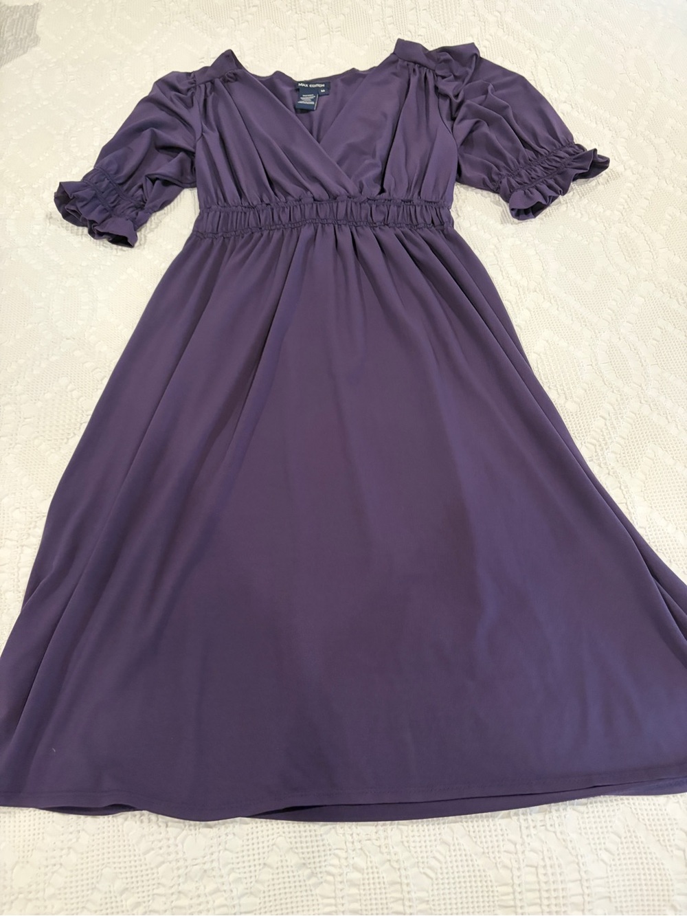 Max Edition Purple V-Neck Puff-Sleeve Midi Dress